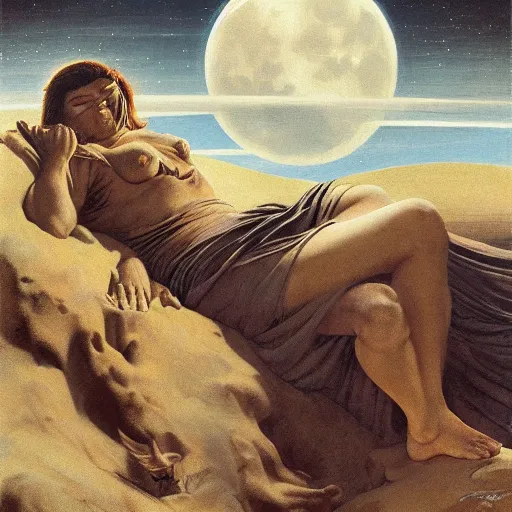 Image similar to sleep of wise old beautiful woman face Desert Spirit, under unresolved evil moon illusion, in the style of Frank Frazetta, Jeff Easley, Caravaggio, extremely clear and coherent, clear lines, 8K resolution, epic masterpiece, detailed, intricate