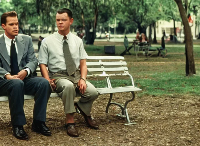 Image similar to film still of matt damon as forrest gump sitting on a bench in forrest gump, 4 k