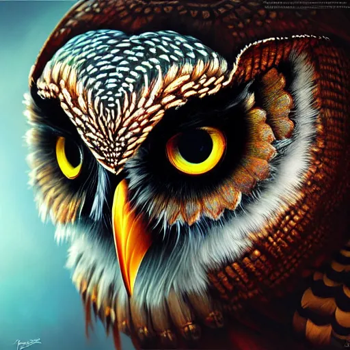 Image similar to a ultradetailed beautiful concept art of a an intricate wooden mask of an owl painted with beautiful colors, but the mask hide some dark secret, photorealism, ome reflexion in eyes, sharp details, volumetric light, high resolution 4 k, by tom bagshaw, greg rutkowski, charli bowater and artgeem