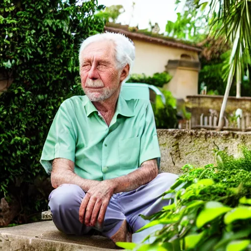 Prompt: mid white hair old man with green shirt and white short, sitting in ile de re house garden