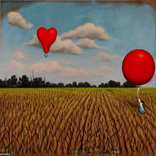 Image similar to grunge painting of a cornfield with a wide smile and a red balloon by chris leib, loony toons style, pennywise style, corpse bride style, horror theme, detailed, elegant, intricate, conceptual, volumetric light