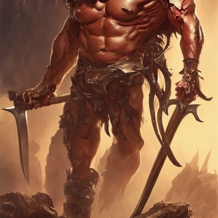 Image similar to Ash Williams from The evil dead, manowar album, Muscular man, striking demon with large barbarian sword, blood, artstation, concept art, smooth, sharp focus, highly detailed, illustration, art by artgerm and greg rutkowski and alphonse mucha