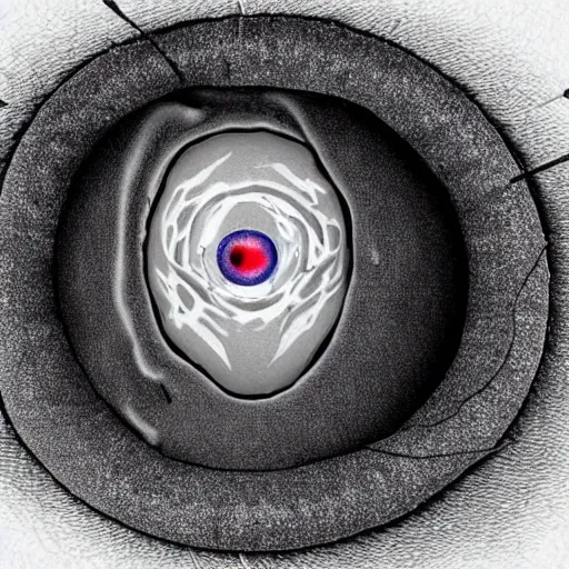 Image similar to a single eye ball connected to a broken skull by connective tissue and ligaments