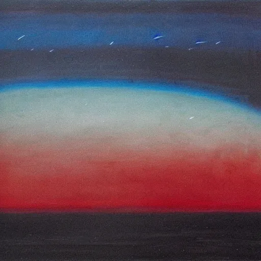 Prompt: the epic abstract painting'blue arctic void with black and red aurora borealis above a minimalist inuit sculpture made of whale rib bones ', by caspar david friedrich!!!, by rothko!!!, stunning masterpiece, trending on artstation