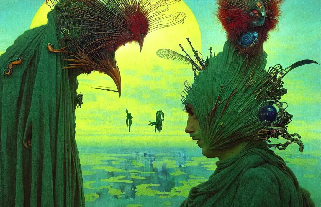 Image similar to realistic detailed portrait movie shot of a birdman wearing green ragged robes, sci fi city sunset landscape background by denis villeneuve, amano, yves tanguy, alphonse mucha, ernst haeckel, max ernst, roger dean, masterpiece, rich ethereal colours, feathers, creepy, occult, blue eyes
