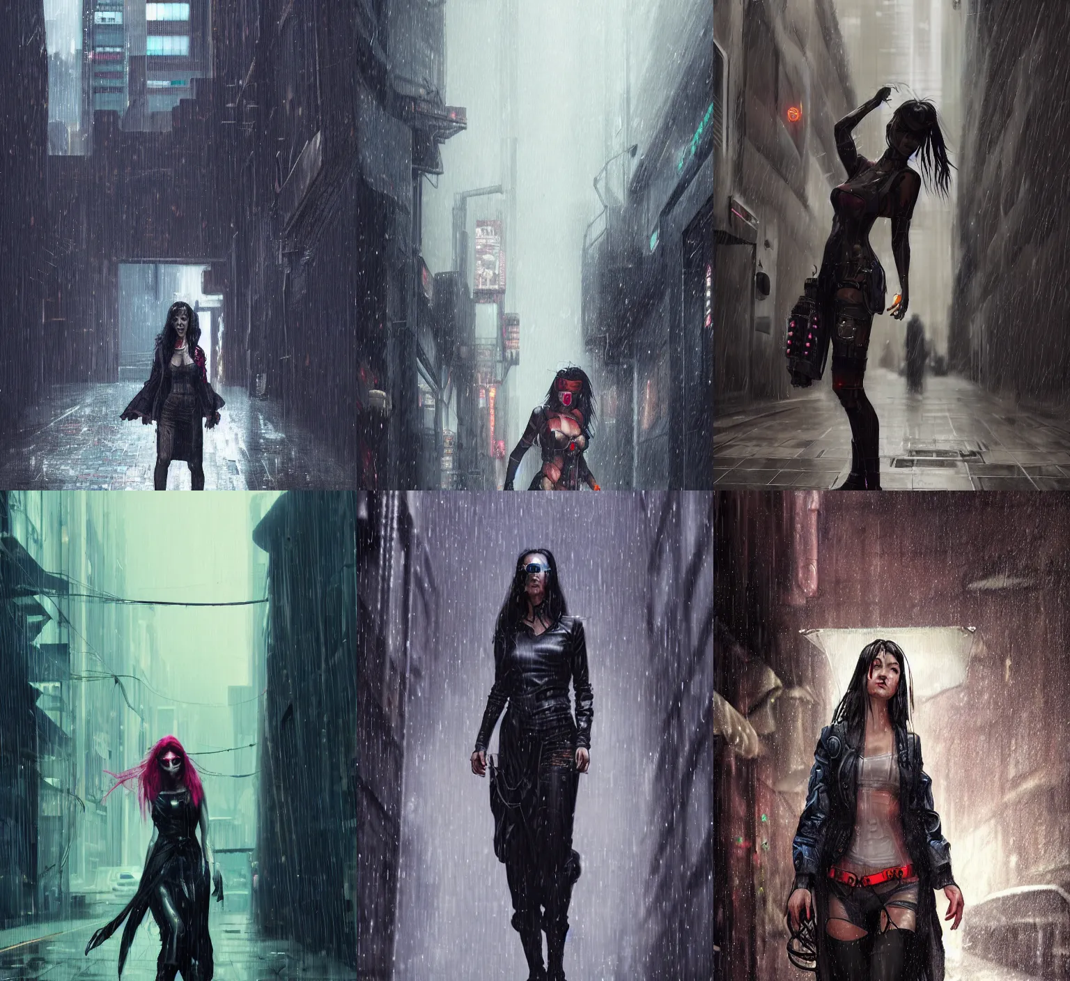 Prompt: cyberpunk woman, raining, in an alley, by WLOP and webang111, trending on artstation