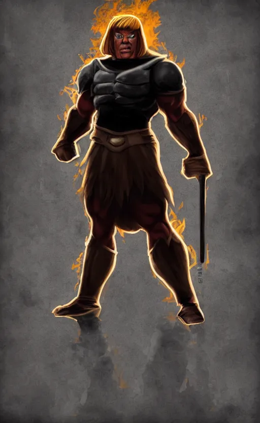 Image similar to Full body centered uncut character pose of mysterious-eerie-ominous He-Man, dark grey shadowy smokey background, atmospheric, cinematic, Epic, ultra-detailed, sharp focus, colored illustration