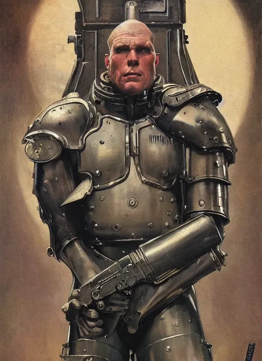 Image similar to 5 0 s pulp scifi fantasy illustration full body portrait martyn ford as huge armoured giant by norman rockwell, roberto ferri, daniel gerhartz, edd cartier, jack kirby, howard v brown, ruan jia, tom lovell, frank r paul, jacob collins, dean cornwell, astounding stories, amazing, fantasy, other worlds