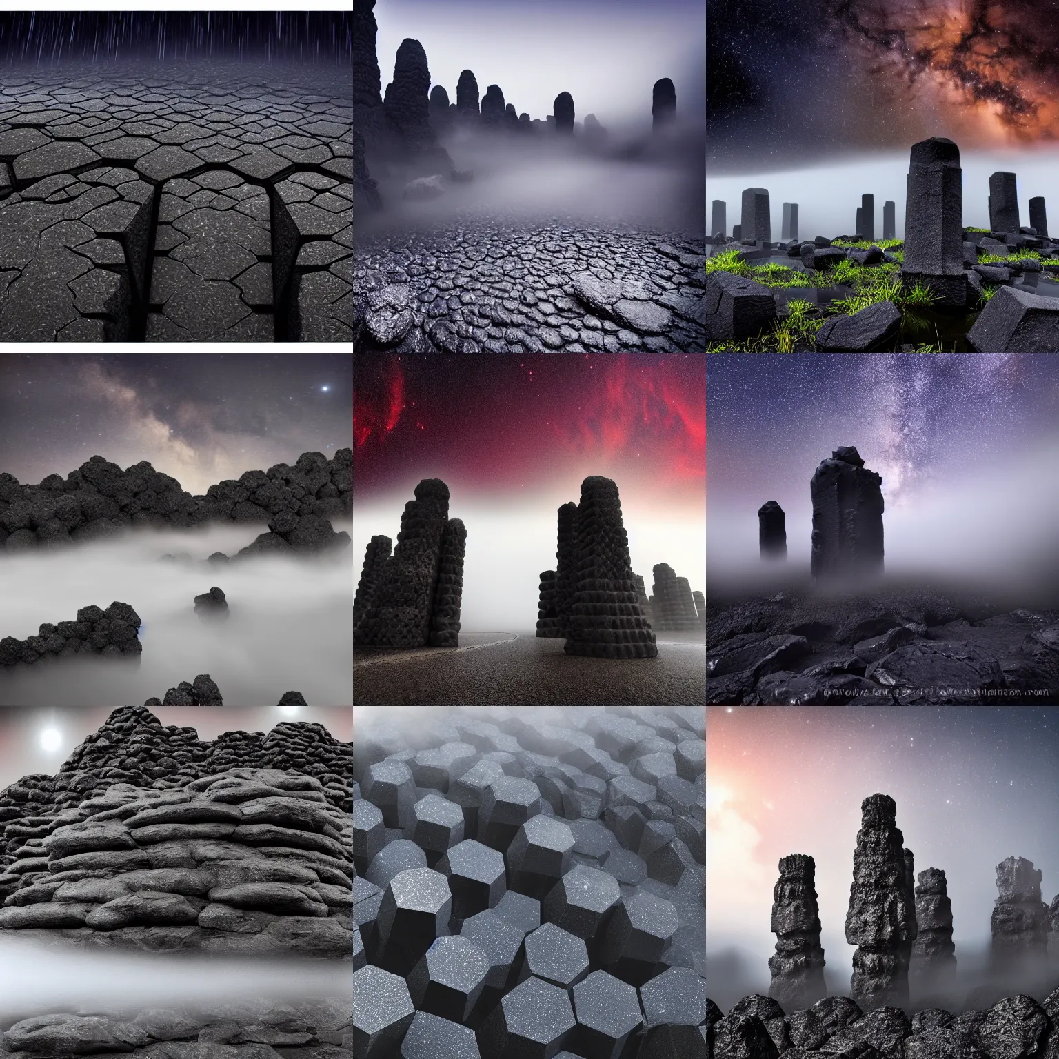 Prompt: hexagonal basalt columns, fog, dark, stars, wet, glossy, black, 4 k photo high quality photorealistic