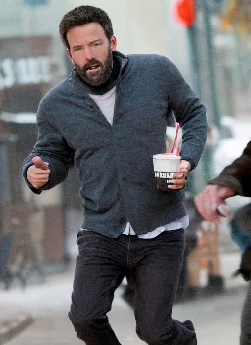 Prompt: ben affleck being chased by a giant cup of dunkin donuts coffee, running scared