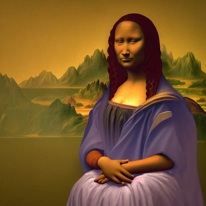 Image similar to an Afro American girl as Mona Lisa by Elizabeth Catlett. details, smooth, sharp focus, illustration, realistic, cinematic, artstation, award winning, rgb , unreal engine, octane render, cinematic light, macro, depth of field, blur, red light and clouds from the back, highly detailed epic cinematic concept art CG render made in Maya, Blender and Photoshop, octane render, excellent composition, dynamic dramatic cinematic lighting, aesthetic, very inspirational, arthouse.