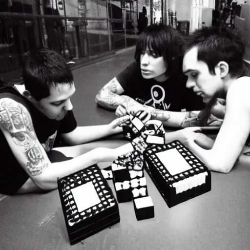 Image similar to Disposable camera picture of punk rockers trying to solve a Rubiks cube