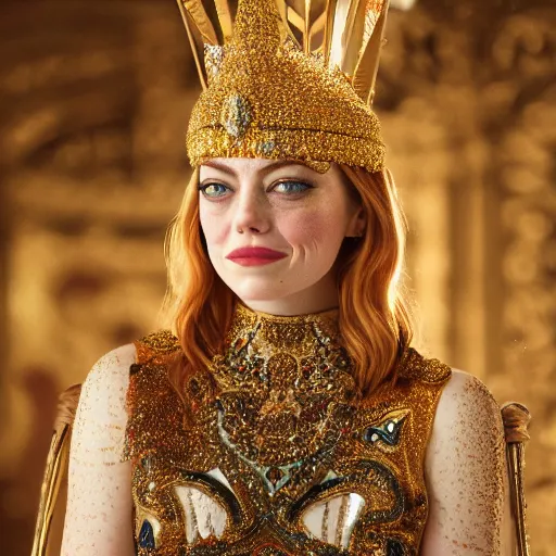 Prompt: A portrait of Emma Stone wearing a golden Arabian crown , royality, high quality, fully detailed, 4k