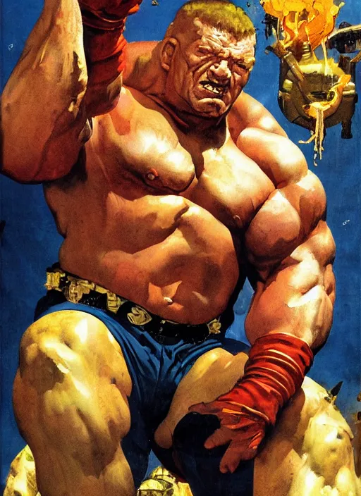 Image similar to full body and head portrait of huge mutant dorian yates as marvel's juggernaut, dynamic action, painted by norman rockwell and phil hale and greg staples and tom lovell and frank schoonover and jack kirby