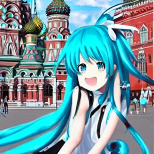 Image similar to hatsune miku on the moscow red square, high detailed anime art, trending on pixiv