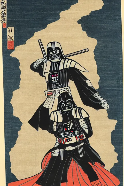 Image similar to Japanese woodblock print of Darth Vader, Hokusai