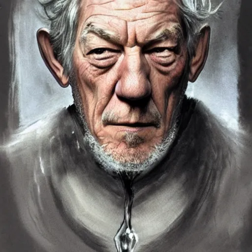 Prompt: Ian McKellen with goatee and glass as an old alchemist, fantasy concept art by J.Dickenson
