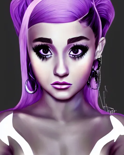 Prompt: beautiful Ariana Grande purple-hair tattoos symmetrical face stunning eyes full length fantasy art icon, 2d art gta5 cover, official fanart behance hd artstation