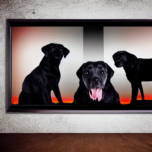 Image similar to black dog with three heads looking through tv screen, horror movie poster