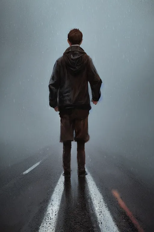 Image similar to Full body portrait of a short, overweight teenage boy, medium length brown hair and fringe, not intelligent, standing in road, rainy wet day, cinematic lighting, by Jordan Grimmer and Wojtek Fus and greg rutkowski, Trending artstation, cinematográfica, digital Art