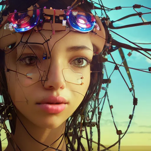 Image similar to piles of modular synth cables mixed with mangrove roots, kawaii puerto rican goddess staring through your soul wearing a headpiece made of circuit boards, by makoto shinkai, masamune, and stanley kubrick, unique perspective, eastman color, trending on artstation, cinematic, 3 d render, photorealistic