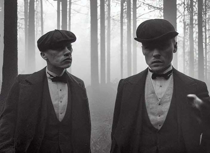 Image similar to an dramatic scene from peaky blinders, medium long shot, filmed in the dark woods, a cabin in the background, leonardo dicaprio and daniel day - lewis, faces covered in shadows, detailed and symmetric faces, black and white, cinematic, epic,