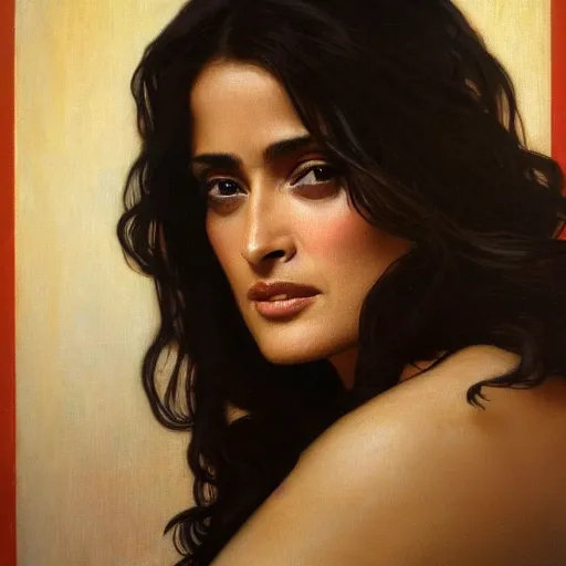 Image similar to salma hayek medium shot portrait by alphonse mucha, playful, fantasy, medieval, beautiful face, perfect detailed eyes, vivid colrs, elegant, sharp focus, hyper - realistic, 4 k, unreal engine, highly detailed, hd, dramatic lighting by brom, trending on artstation