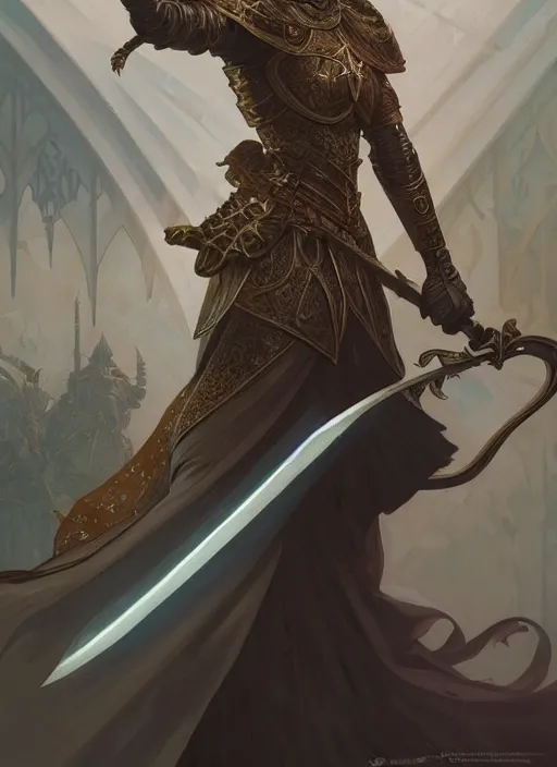 Image similar to knight with a two hand sword, fantasy, intricate, elegant, highly detailed, digital painting, artstation, concept art, wallpaper, smooth, sharp focus, illustration, art by artgerm and greg rutkowski and alphonse mucha