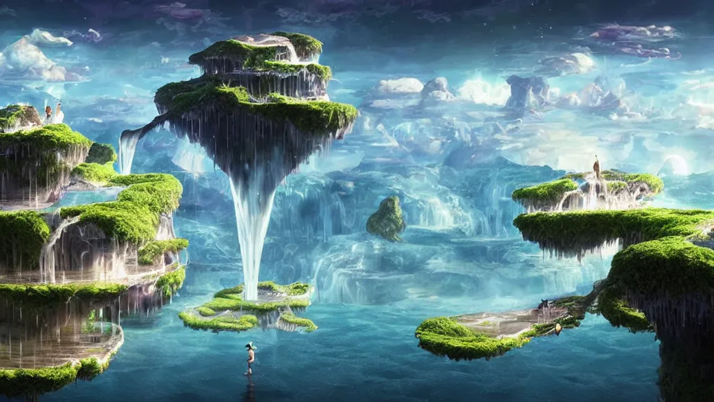 Image similar to floating islands with waterfalls connecting each other whimsical surrealism, based on child's drawing, lsd trip, dream recording, deep - space imaging fantastical setting isometric view octane render, art by salvador dali, greg rutkowski studio ghibli