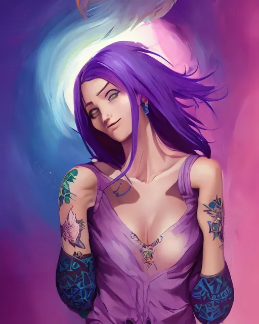 Prompt: beautiful female purple hair tattoo symmetrical happy face stunning eyes full length fantasy art icon, 2d art cover , official fanart behance hd artstation by Jesper Ejsing, by RHADS, Makoto Shinkai and Lois van baarle, ilya kuvshinov, rossdraws