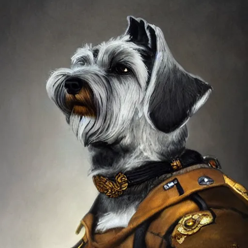 Image similar to portrait of stoic looking miniature schnauzer, military uniform, black fir, white eyebrows, fantasy, intricate, elegant, highly detailed, autumn color, rustic, centered, dark, smokey, charcoal painting, digital painting, artstation, concept art, smooth, sharp focus, illustration, art by artgerm and greg rutkowski and alphonse mucha