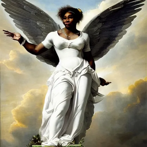 Image similar to Portrait of Serena Williams with wings as Nike Goddess standing proud, large wings, luxuriant, dreamy, eternity, romantic, strong pose, highly detailed, in the style of Franz Xaver Winterhalter, highly detailed, in the style of Aetherpunk