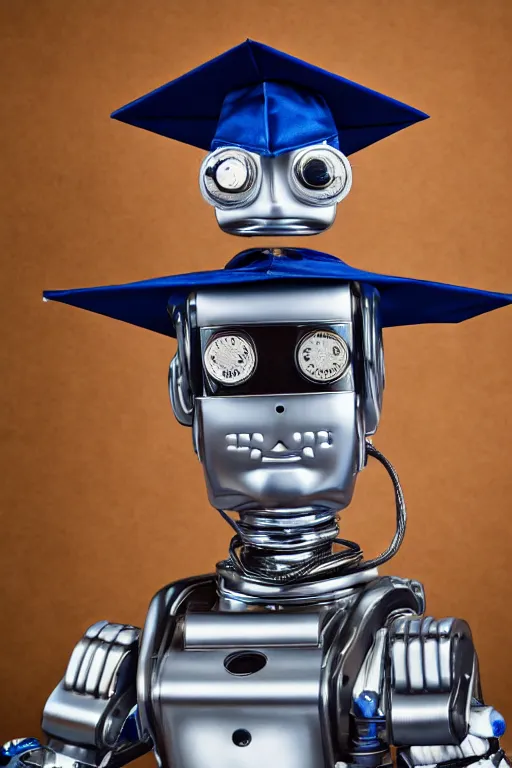 Prompt: a portrait photo of a extremely detailed robot graduating wearing a graduation hat. nikon z 9. 5 0 mm, f / 1. 8 photography. portrait photography. ultra hd, 8 k, graduation photo