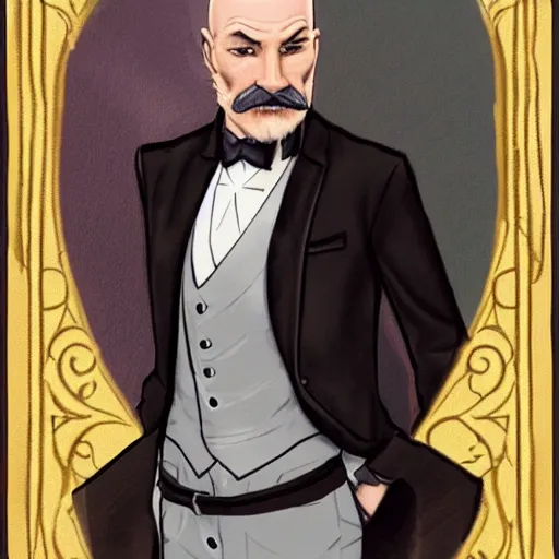 Image similar to older fantasy butler that looks similar to michael kane and patrick stewart, full body portrait, handsome, well groomed mustache, detailed, magic the gathering art style, balding, well dressed, pet rat on shoulder