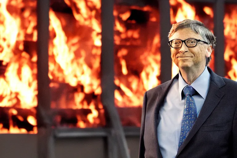 Prompt: Bill Gates standing in front of a server rack on fire, large flames, smoke