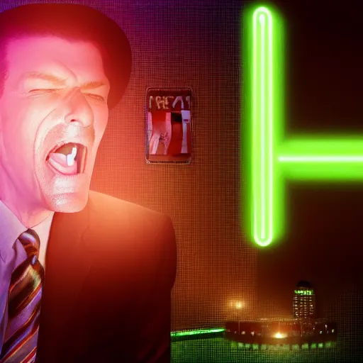 Prompt: Vince McMahon screaming cowboy wall street trader face is melting with dollar signs in eyes, liquified, chrome reflections, black ink, glue dropping, snake oil skin, lit by one neon light from the top, rim lights purple and green, hyper bullish, octane render, cgsociety, autodesk, behance, kiki picasso style