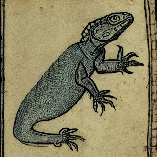 Prompt: medieval sketch of an exhausted anthropomorphic lizard