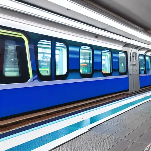 Prompt: a blue hexagonal metro train with blue neon light rails