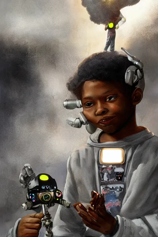 Image similar to a black kid playing with a futuristic robot in the nature, mixing solarpunk, afropunk, cyberpunk, ( ( ( ( volumetric light ) ) ) ), high angle, part by pearl fryar, part by prince damah, sunny day, trending on artstation, cinematic view, illustration, painting, realistic