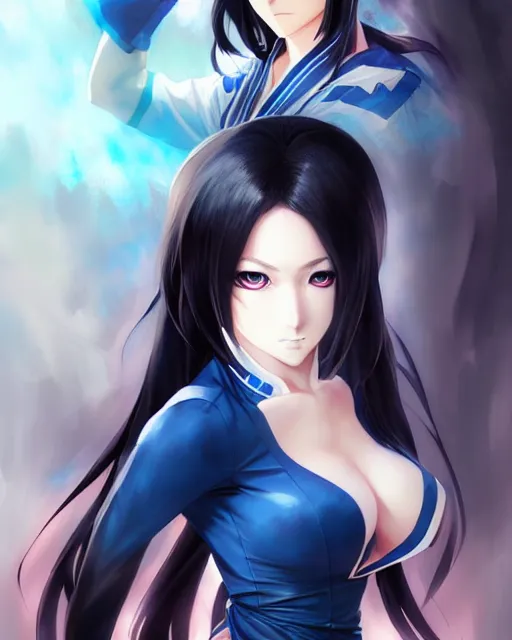 Prompt: anime character portrait of a female martial artist!! long black hair! blue eyes! dynamic pose!! elegant, intricate outfit, fine details by stanley artgerm lau, wlop, rossdraws, james jean, andrei riabovitchev, marc simonetti, and sakimichan, trembling on artstation