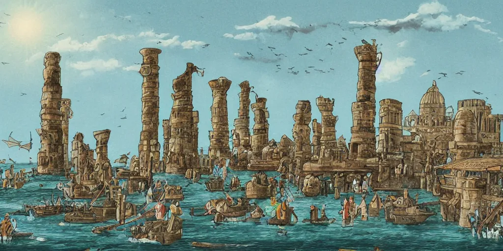 Image similar to illustration, ancient thriving city buildings on top tall pillars structure over the ocean, tall arches, busy with people