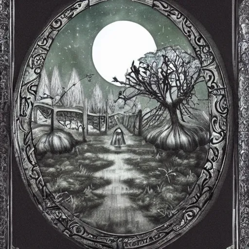 Prompt: a very large silver key. fine detail. realistic. fireflies. full moon. folk horror art style. alice in wonderland