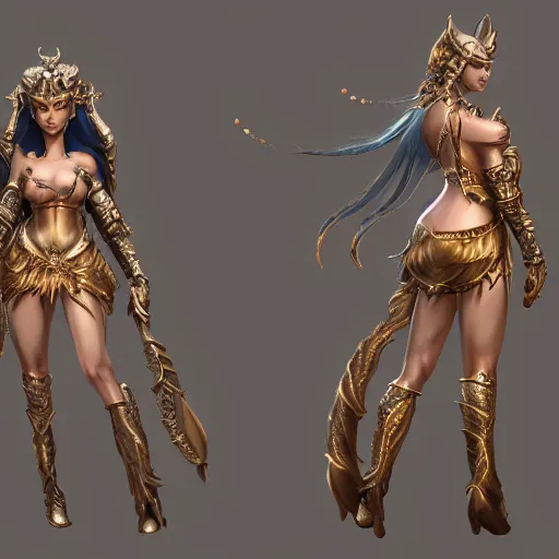 Prompt: character sheet of goddess astarte, concept art, game art, highly intrincate, full body front and side, unreal engine, very detailed, detailed face, octane render, artstation, cgsociety, character design