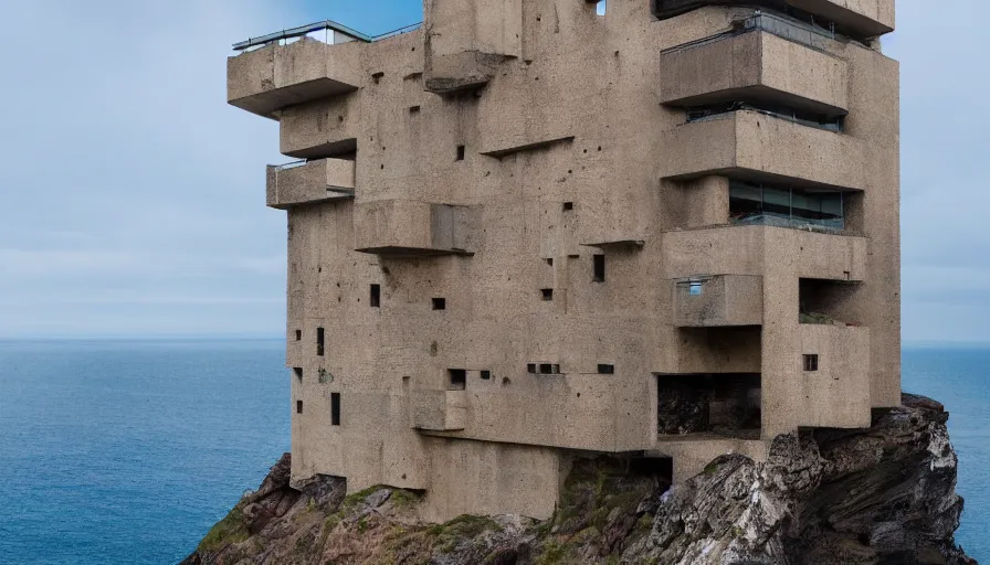 Image similar to brutalist base perched on a cliff overlooking a magnificient bay, brutalism architecture on cliffs, drawing architecture, pritzker architecture prize, cliffs crashing into the water below, cliffside, greig fraser