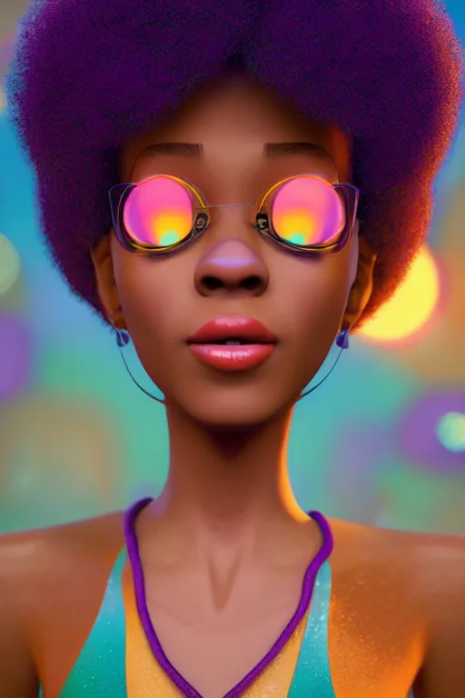 Image similar to a centered render of a cute cool afro disco girl from the seventies, by dreamworks, by pixar, by viktoria gavrilenko, by leticia gillett, by lois van baarle, perfect face, 3 d, 8 k