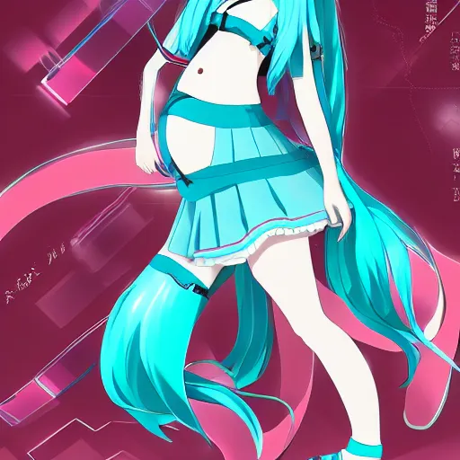 Image similar to hatsune miku pregnant in third trimester, high quality anime art in full growth, by ixima