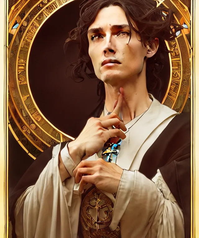 Image similar to a greedy preacher, an evil Catholic priest, portrait, intricate, elegant, highly detailed, 20mm film, art by artgerm and greg rutkowski and alphonse mucha