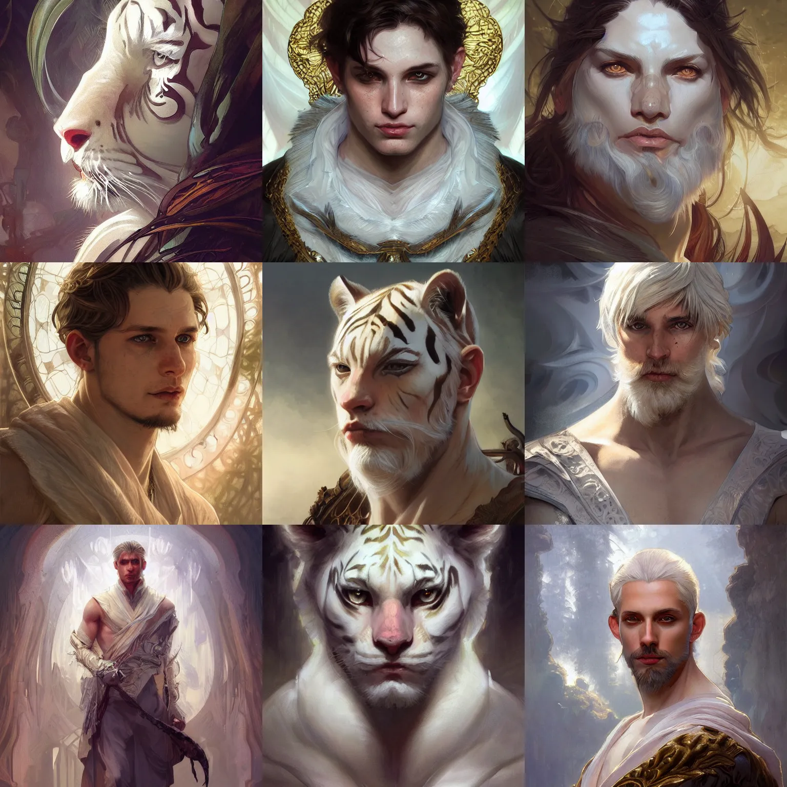 Prompt: A portrait of a male human white bengal tiger, D&D, fantasy, intricate, cinematic lighting, highly detailed, digital painting, Artstation, concept art, smooth, sharp focus, illustration, art by Artgerm and Greg Rutkowski, Alphonse Mucha and charlie bowater