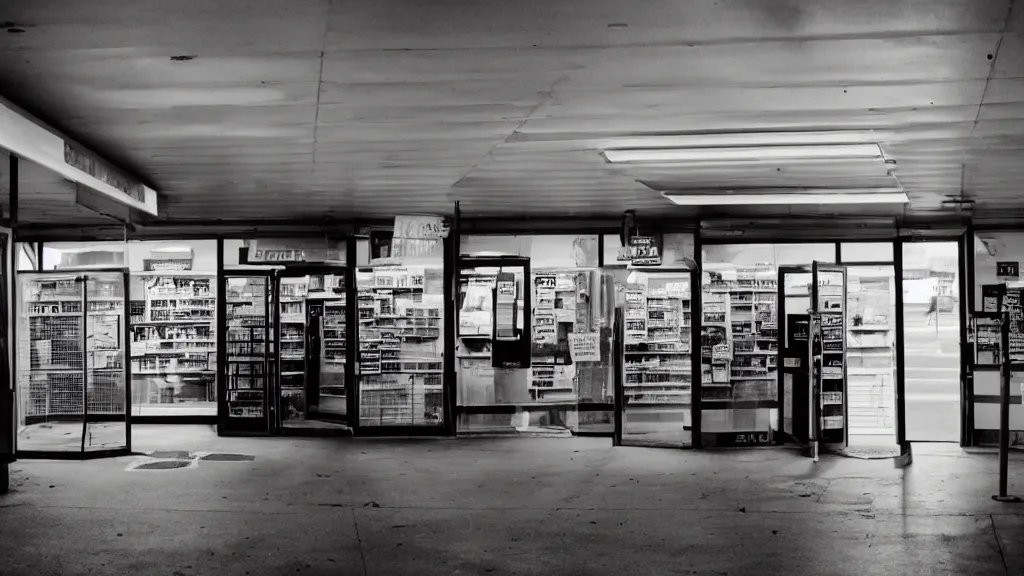 Image similar to empty convenience store, liminal space, moody lighting