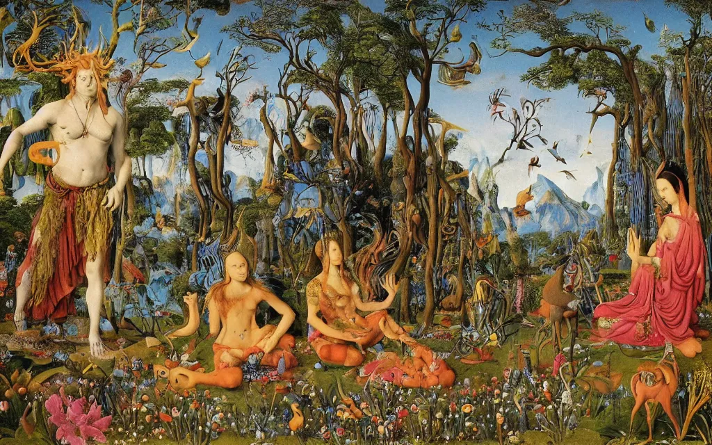 Image similar to a photograph of a meditating centaur shaman and a harpy mermaid feeding animals. surrounded by bulbous flowers, animals and a few trees. river delta with mountains and cliffs under a blue sky full of burning stars and birds. painted by jan van eyck, max ernst, ernst haeckel, ernst fuchs and artgerm. trending on artstation